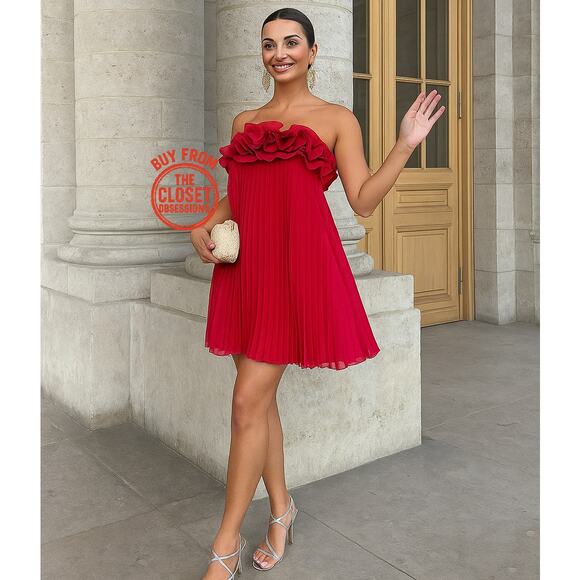 ZARA Red Pleated Mini Dress NWT | Blogger Fave Ruffle Straight Neck - Picture 3 of 16